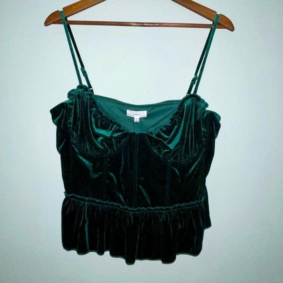 NWT a loves a "EDEN" Forest Green Velvet Bustier Spaghetti Strap Ruffle Top L - Picture 2 of 9